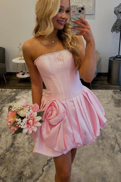 A Line Strapless Pink Satin Short Homecoming Dress with Beading AB26073008