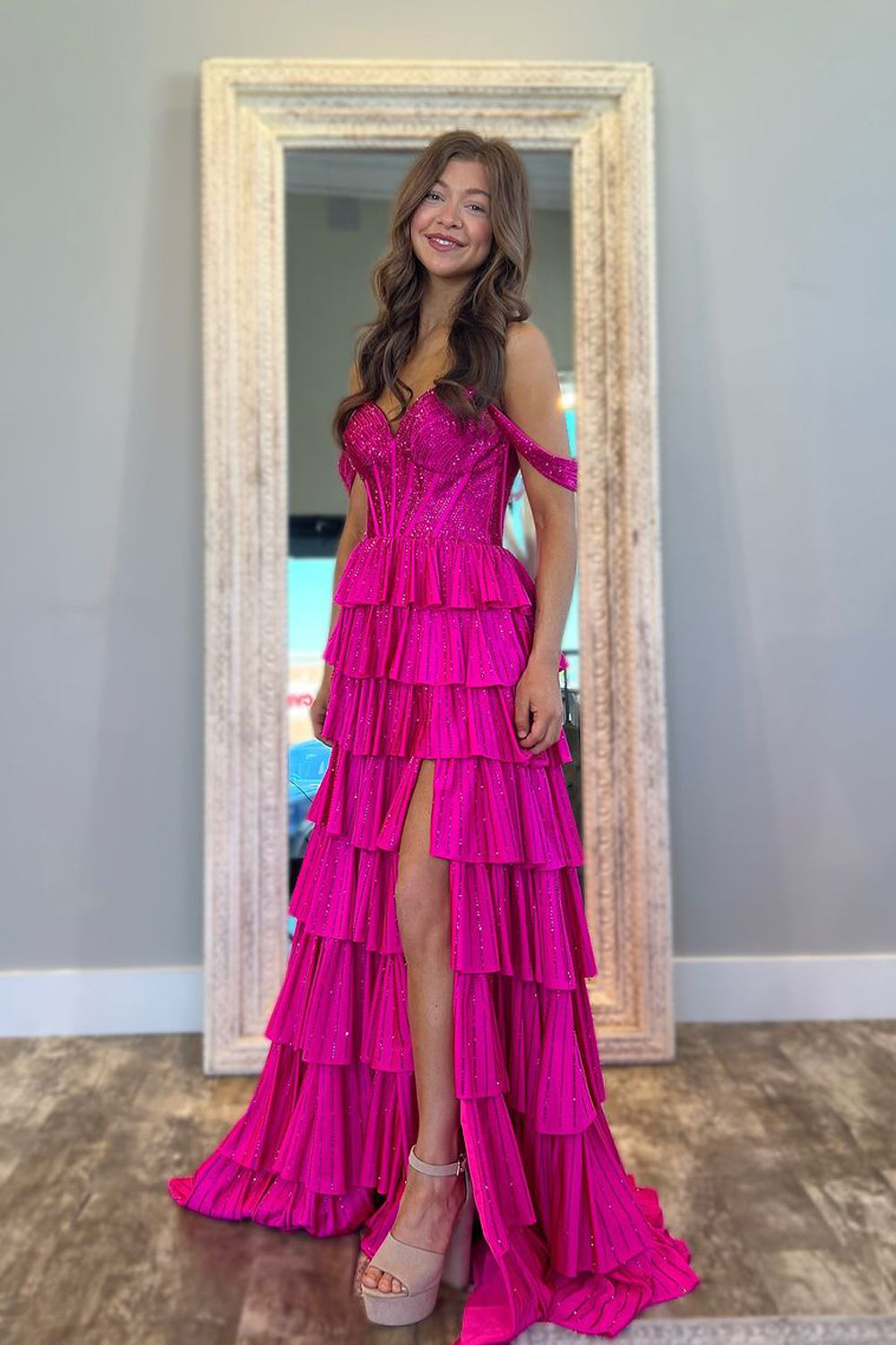 Cute A Line Off the Shoulder Fuchsia Tiered Satin Slit Prom Dress with Beading