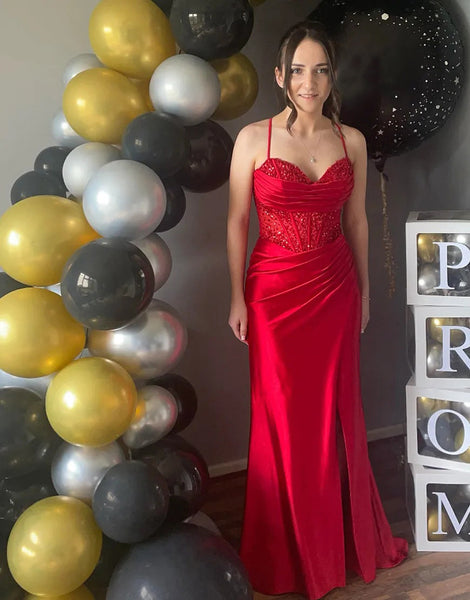 Elegant Mermaid Sweetheart Rose Gold Prom Dress with Slit and Beading