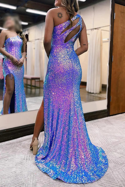 Sparkly Purple Sequins One Shoulder Long Prom Dress with Fringes VK23101901