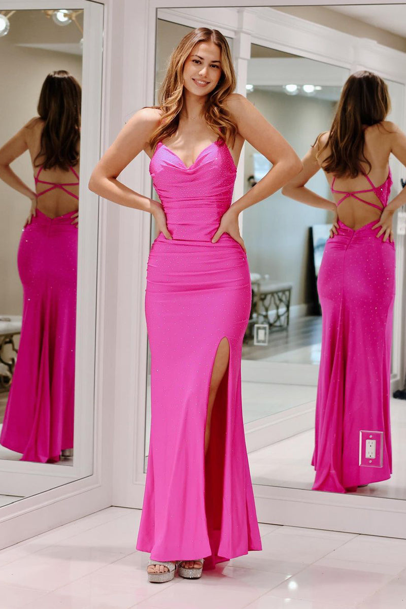 Mermaid Cowl Neck Fuchsia Satin Beaded Long Prom Dresses with Slit VK24041404