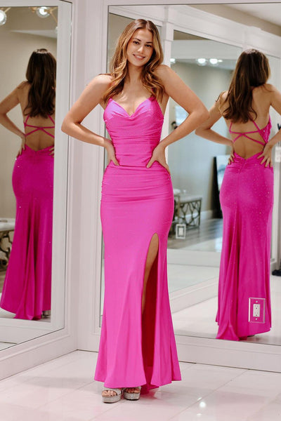 Mermaid Cowl Neck Fuchsia Satin Beaded Long Prom Dresses with Slit VK24041404