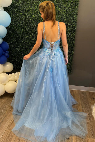 Blue Tulle Appliques Lace-Up Long Prom Dress VK23102808