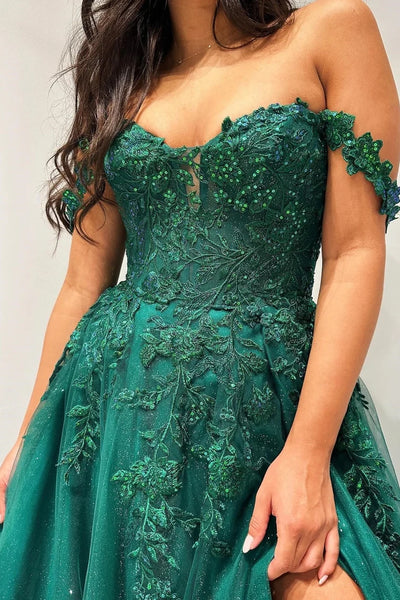 Glitter Emerald Appliques Off-the-Shoulder A-Line Long Prom Dress VK24010901