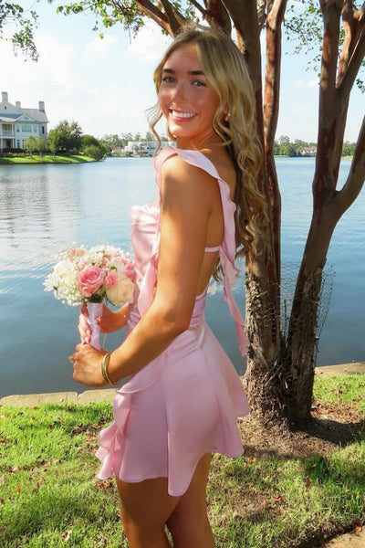 Blush Pink Ruffle Strap Mini Homecoming Dress with Side Cutouts VK25092904