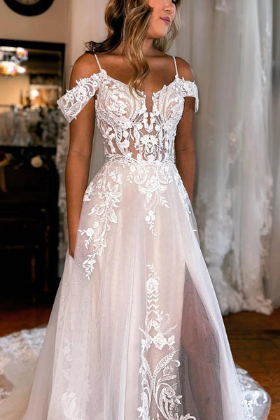 Gorgeous A-Line Cold Sleeves Tulle Lace Beach Wedding Dresses VK23082711