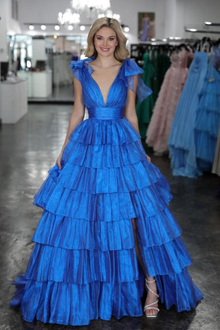 A-Line V Neck Blue Ruffle Tiered Long Prom Dresses VK24021704