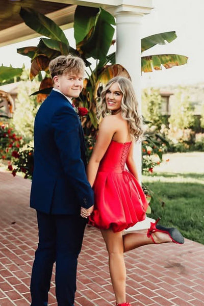 A Line Scoop Neck Red Satin Homecoming Dress VK25100707