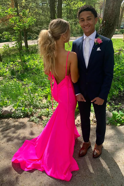 Gorgeous Mermaid V Neck Pink Satin Prom Dress with Slit VK25060504