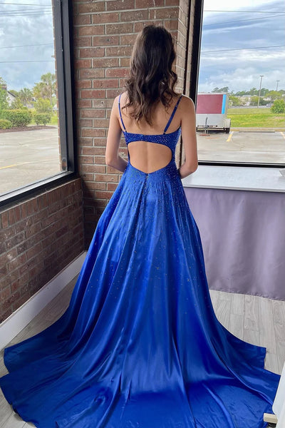 A-Line Spaghetti Straps Royal Blue Long Prom Dress with Beading VK23101402