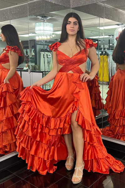 Coral Cutout Ruffle A-Line Long Prom Dress with Slit VK23121601