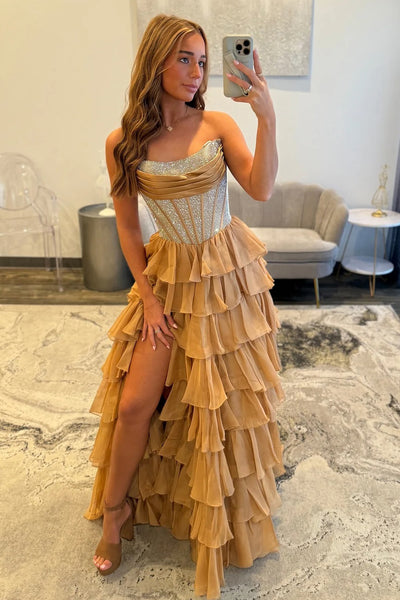 Gorgeous A Line Scoop Neck Chiffon Tiered Prom Dresses with Slit VK25111901