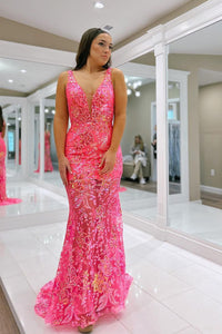 Pink Mermaid V Neck Sequin Lace Long Prom Dresses VK23091504