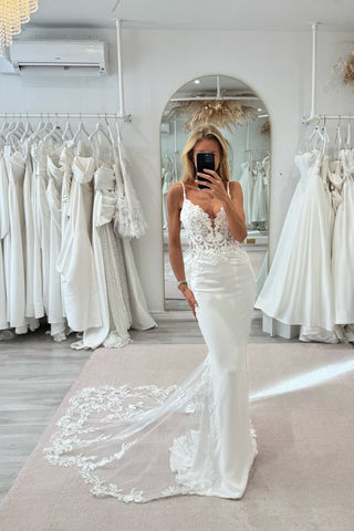 Elegant Mermaid V Neck Elastic Satin Wedding Dress with Lace VK15120106