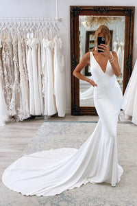 Charming Mermaid V Neck Backless White Soft Satin Wedding Dresses VK23081903