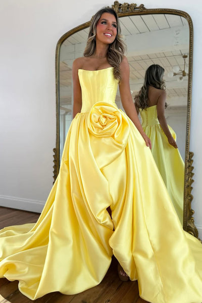 A-Line Strapless Red Satin Prom Dresses with Handmade Flower VK26012707