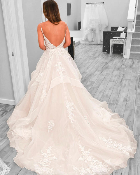 Elegant A Line V Neck Tulle Wedding Dresses with Appliques VK23050407