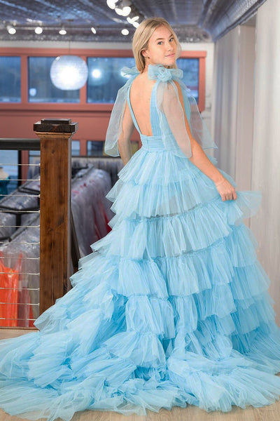 Light Blue Deep V Neck Tiered Tulle Long Prom Dresses with Slit VK23112605