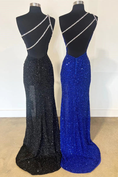 One-Shoulder Sequin Rhinestone Keyhole Long Dress with Slit VK23120802