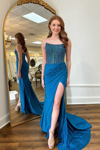Charming Mermaid Scoop Neck Blue Satin Long Prom Dresses VK24092804