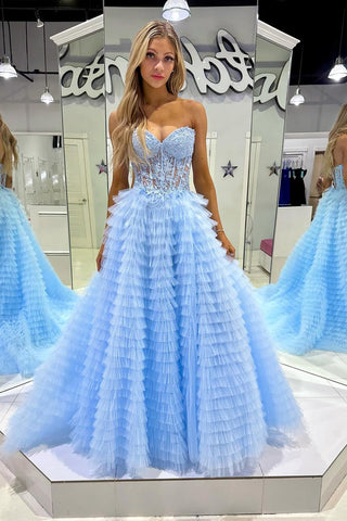 Light Blue Sweetheart Tiered Tulle Long Prom Dresses with Appliques VK23123107