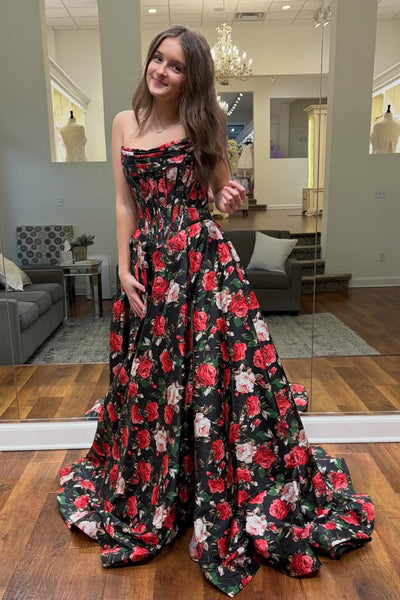 A Line Strapless Floral Satin Long Prom Dress with Slit VK26031109
