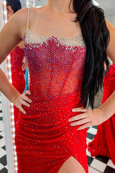 Red Scoop Neck Beaded Mermaid Long Prom Dresses VK24012202