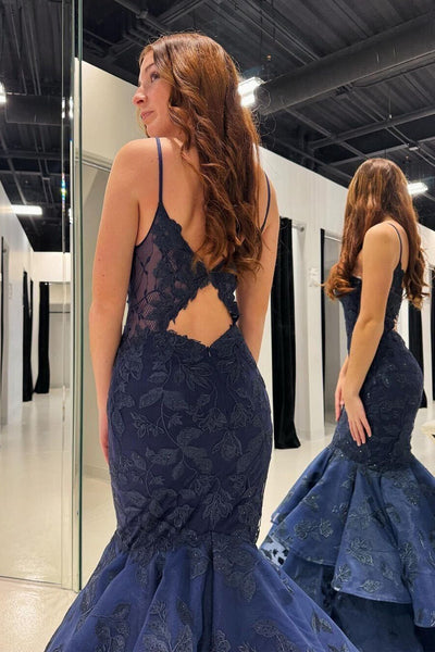 Navy Blue V Neck Mermaid Long Prom Dresses with Appliques VK24022703