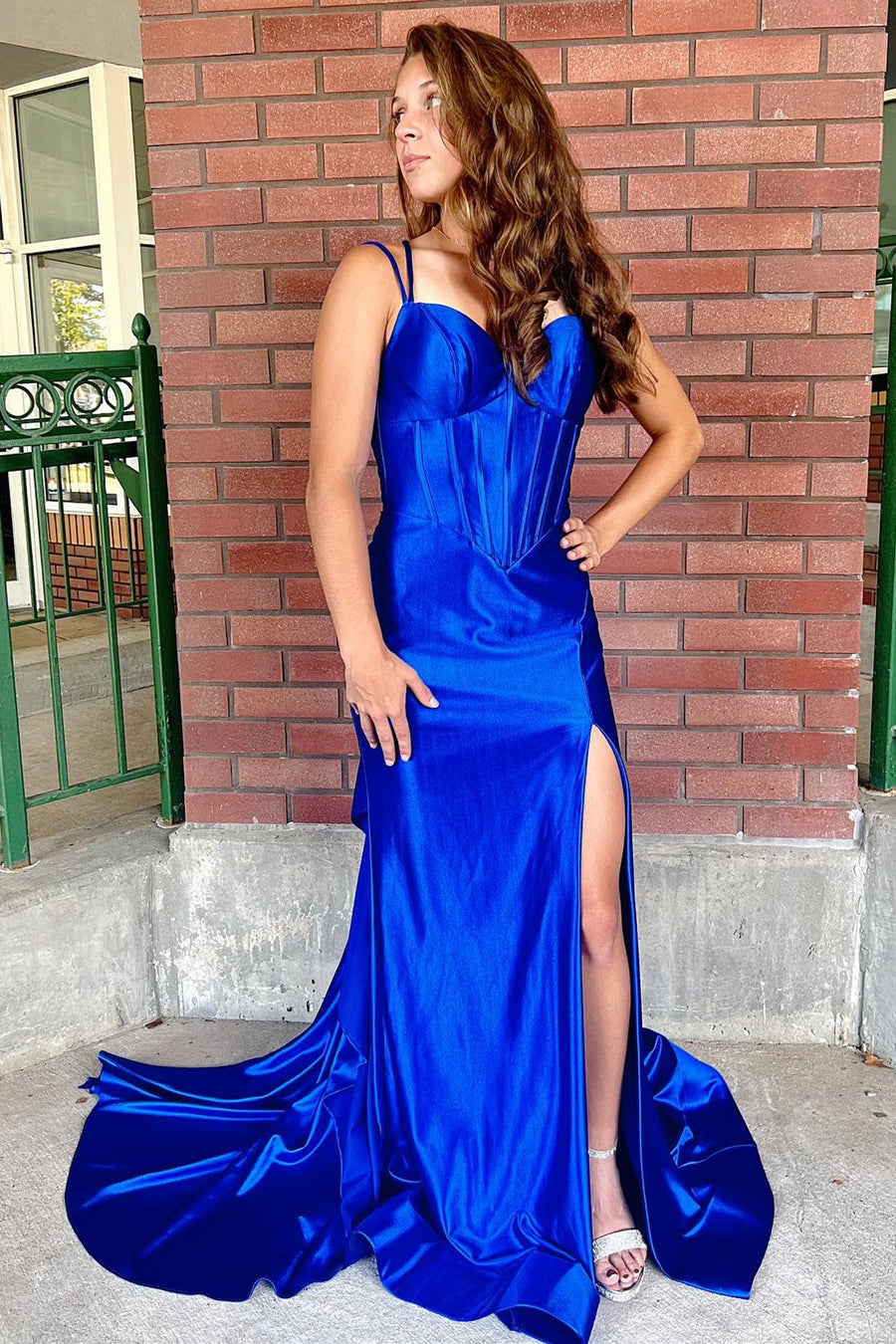 Royal Blue Corset Spaghetti Strap Mermaid Long Dress with Slit VK23102605