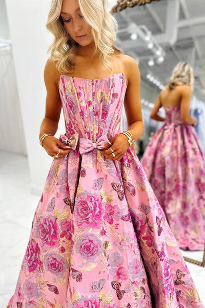 A-Line Strapless Jacquard Satin Long Prom Dresses with Bow VK26020902