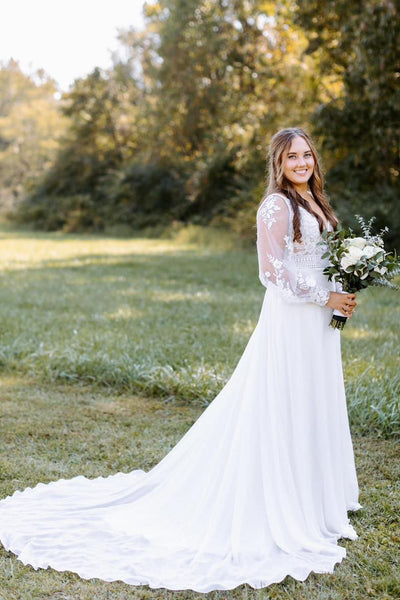 Bohemian A Line V Neck Chiffon Long Sleeves Wedding Dresses with Appliques