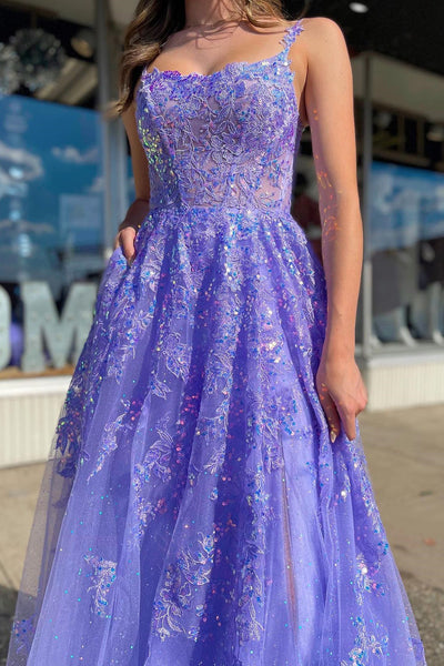 Lavender Tulle Sequin Scoop Neck A-Line Long Dress with Slit VK23102806