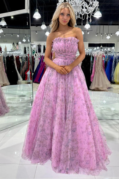Lilac Print Strapless Ruffle A-Line Long Prom Dress VK23102607