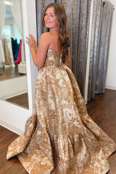 Charming A-Line Strapless Champagne Jacquard Satin Long Prom Dress VK021204