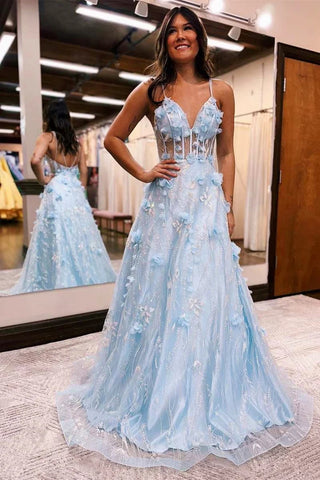 Princess Light Blue 3D Floral Lace V-Neck A-Line Long Prom Dress VK23110104