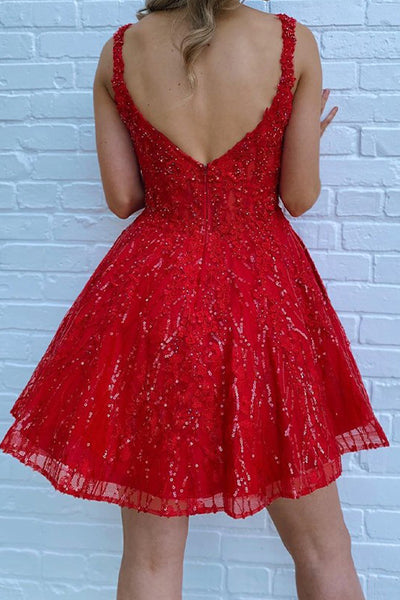 Glitter A-Line Scoop Neck Red Sequins Short Homecoming Dresses with Pockets VK23080808