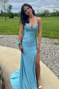 Charming Mermaid Sweetheart Aqua Satin Long Prom Dress with Slit VK25052506