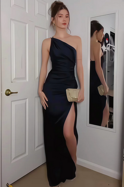 Sage Green One Shoulder Pleats Long Prom Dresses with Slit VK26011109