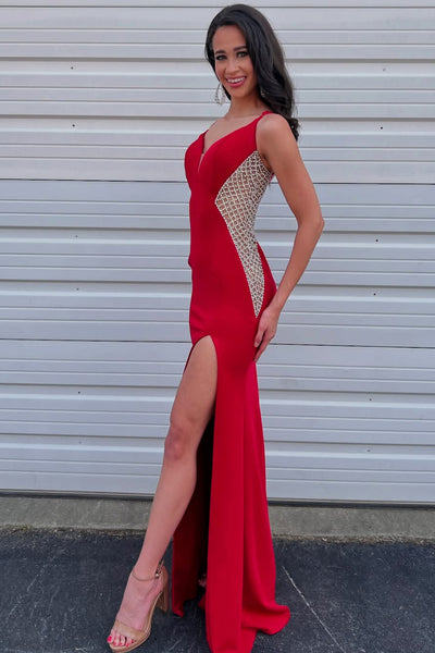 Charming Mermaid V Neck Red Satin Long Prom Dress with Beading VK25052903