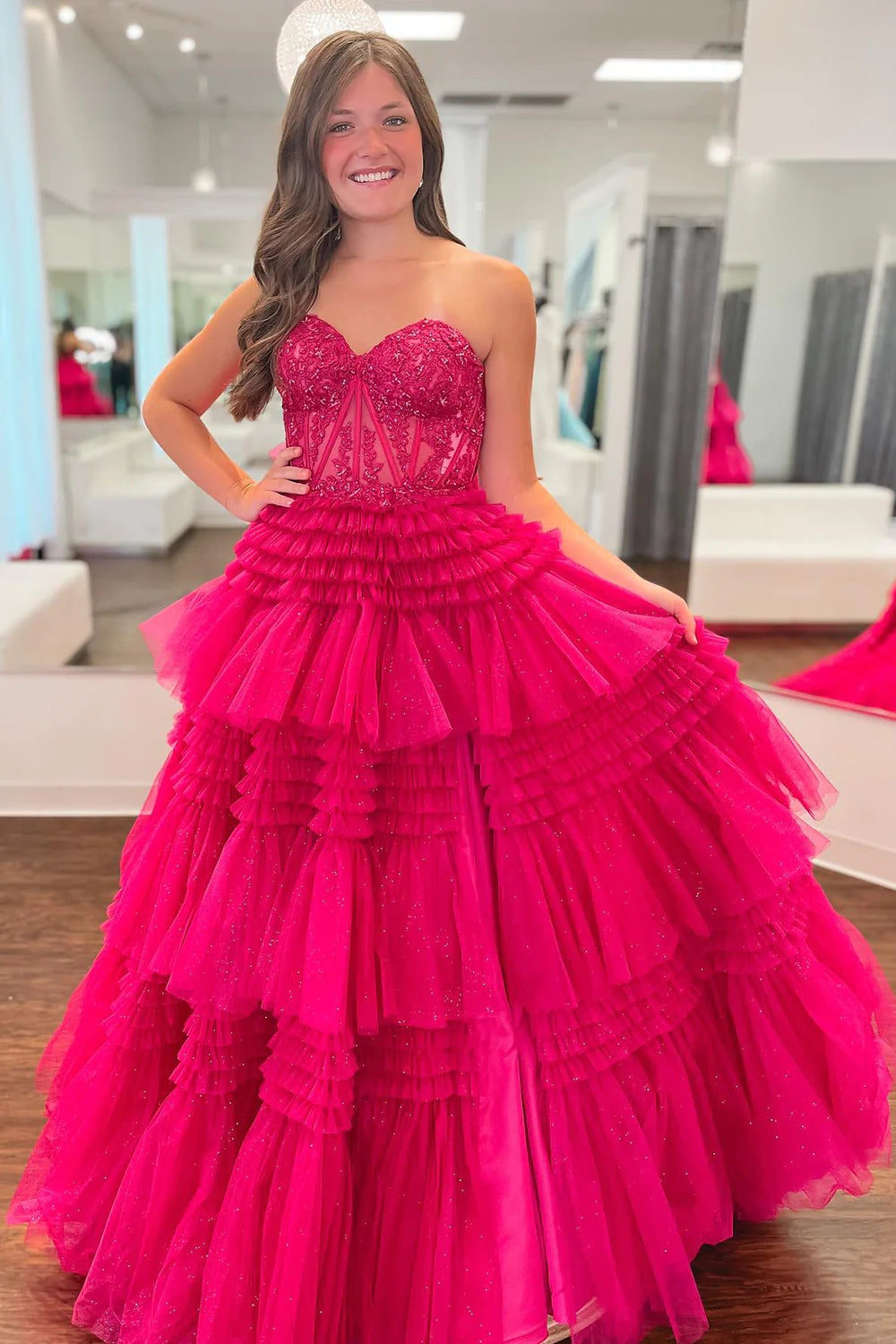 Glitter Fuchsia Tulle Tiered Corset Long Prom Dress with Lace VK23101309
