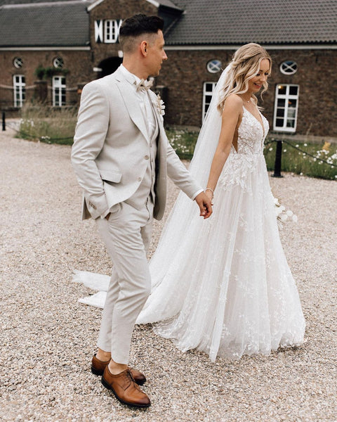 Bohemian A Line V Neck Tulle Long Wedding Dresses with Appliques VK23052602