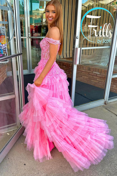Off-the-Shoulder Pink Ruffle Tulle Long Prom Dress with Appliques VK24011002