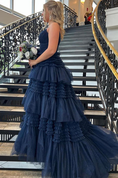 Attractive A-Line Navy Blue Ruffle Tiered Long Prom Dresses with Slit VK24050804
