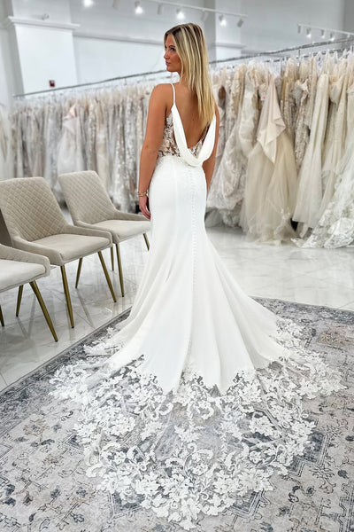 Charming Mermaid V Neck Satin Long Wedding Dress with Appliques VK25060205