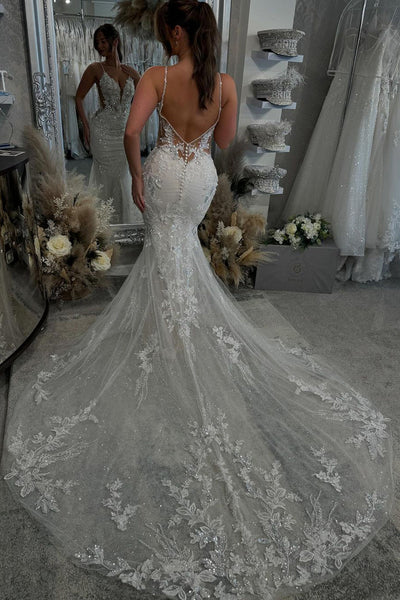 Fairy Chic Mermaid V Neck Lace Wedding Dresses with Appliques