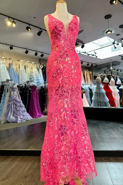 Pink Sequin Appliques Plunge V Mermaid Long Formal Dress VK23102603