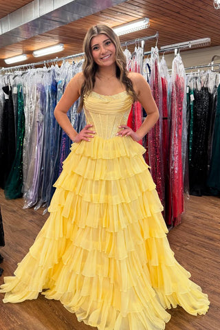 Cute A Line Scoop Neck Yellow Tiered Chiffon Prom Dress with Hot Stone Beading VK25052702