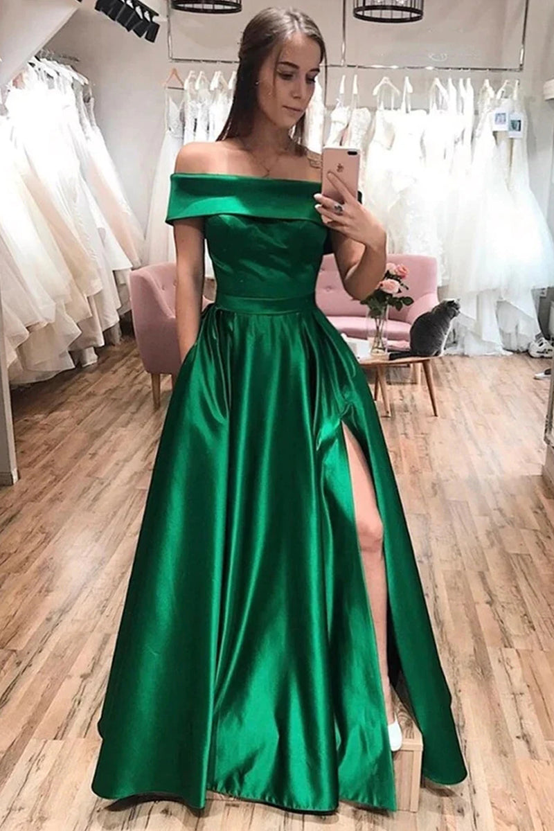 Free Shipping Elegant A-Line Off the Shoulder Green Satin Long Prom Dresses with Slit Formal Evening Party Dresses with Pockets VK0118018
