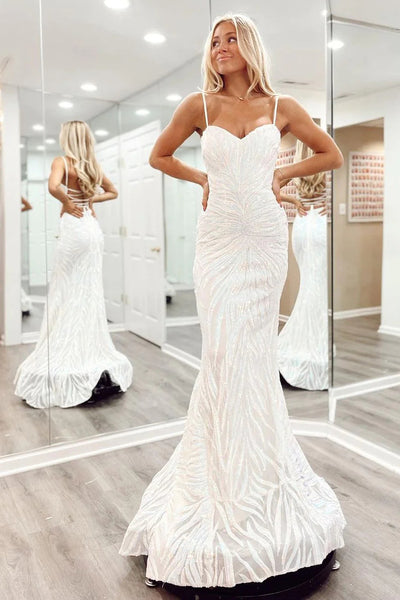 Cute Sparkly Mermaid Sweetheart White Sequins Prom Dresses VK23010602