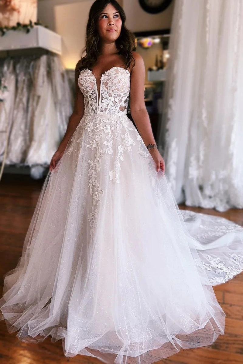 Fairy Ball Gown Sweetheart Tulle Glitter Long Wedding Dresses with Appliques VK23052501